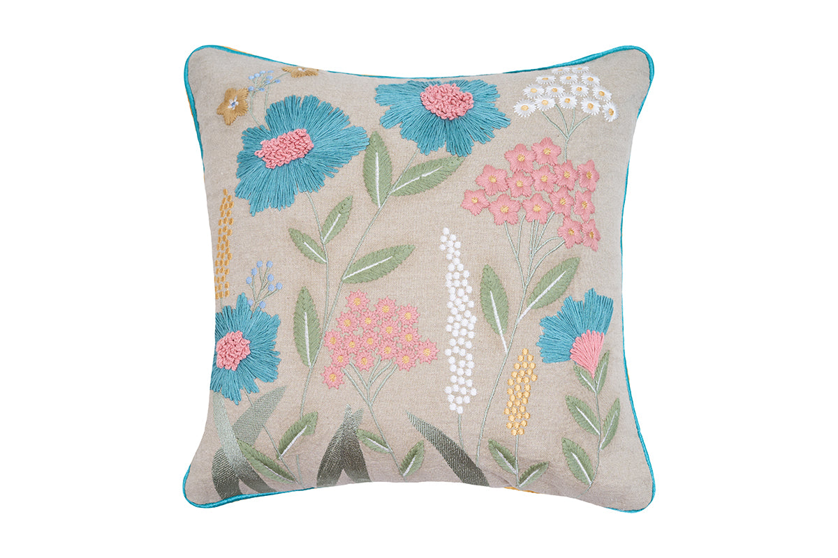 Aqua Spring Serenade Hand Embroidered Cushion Cover (Set Of 2)