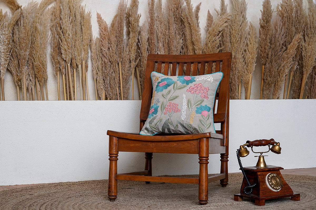 Aqua Spring Serenade Hand Embroidered Cushion Cover (Set Of 2)