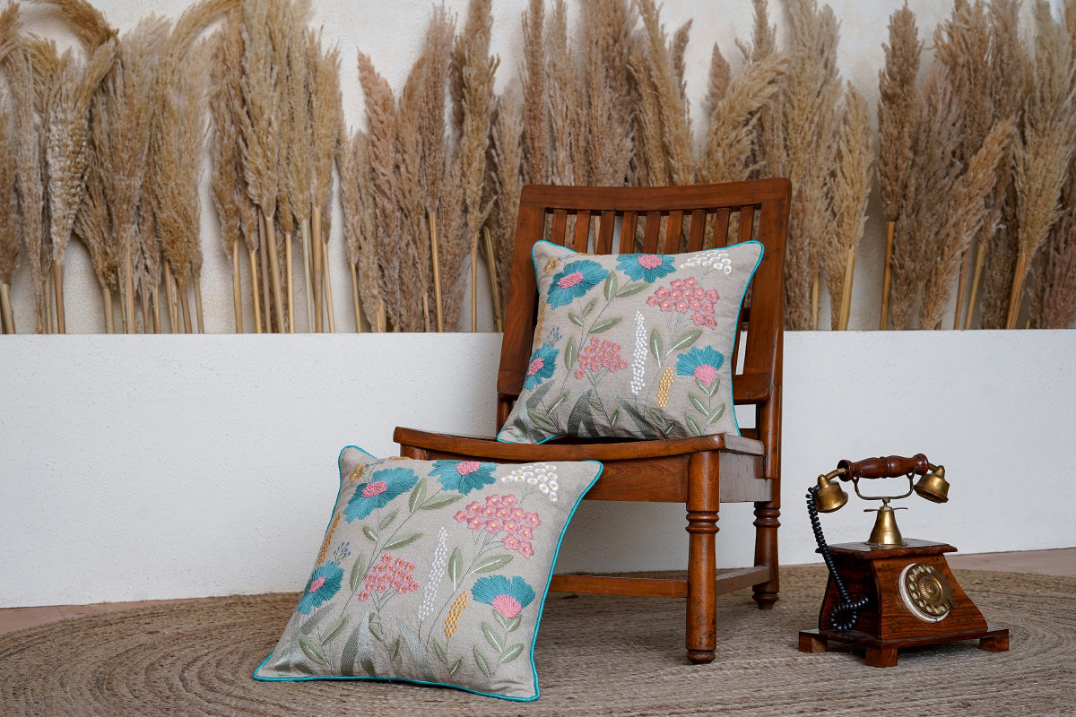 Aqua Spring Serenade Hand Embroidered Cushion Cover (Set Of 2)