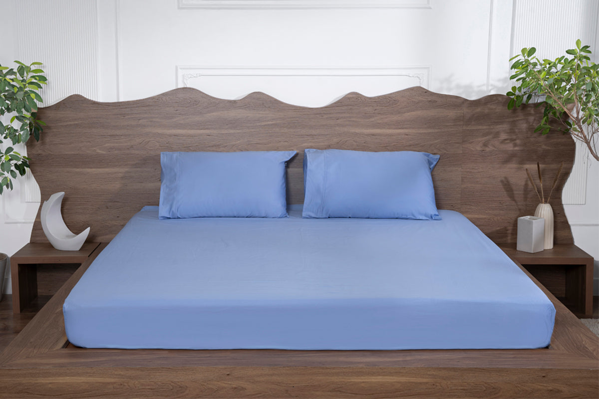 Bel Air Blue Pure Cotton Solid Fitted Bed Sheet 500 TC