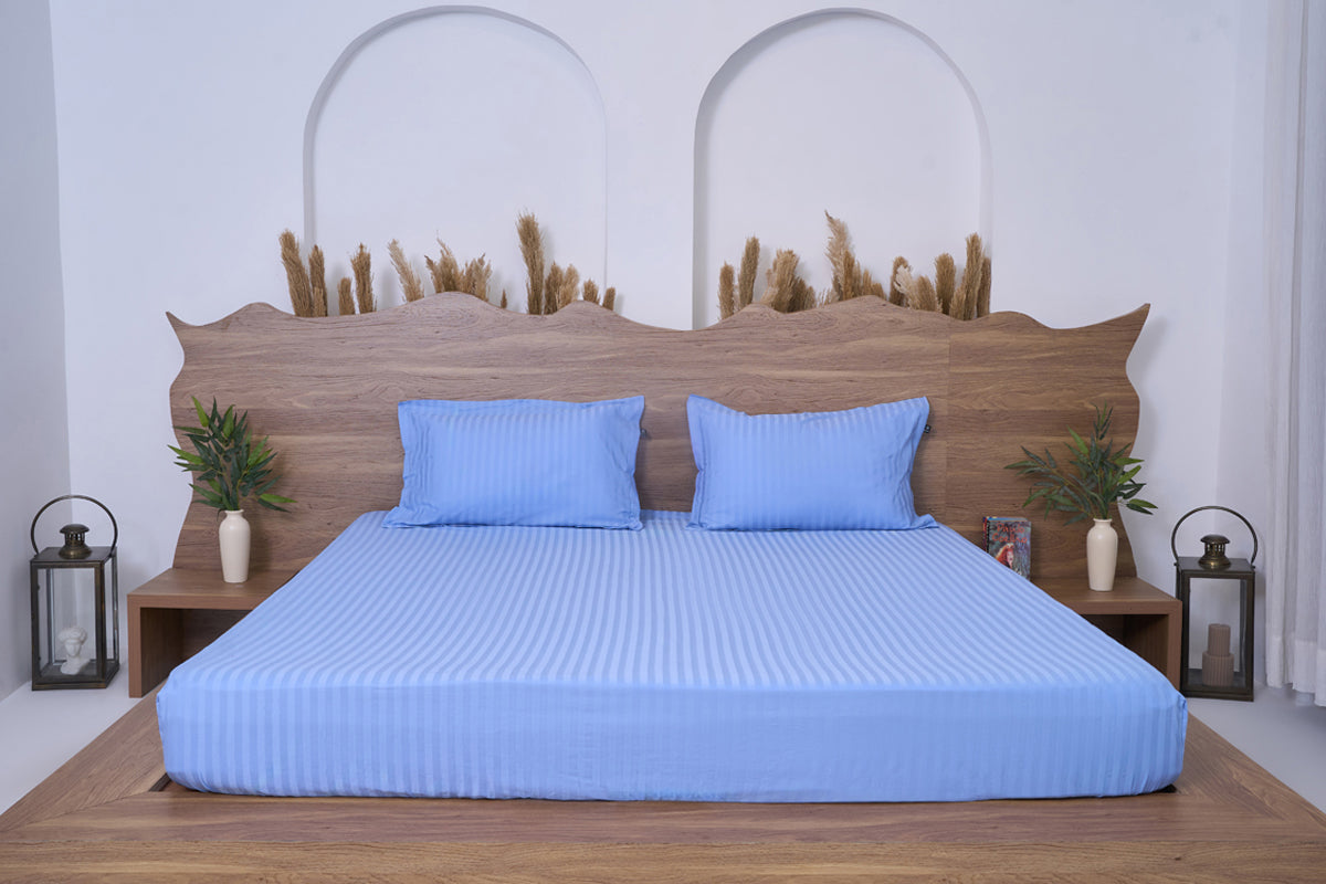 Bel Air Blue Pure Cotton Striped Fitted Bed Sheet 300 TC