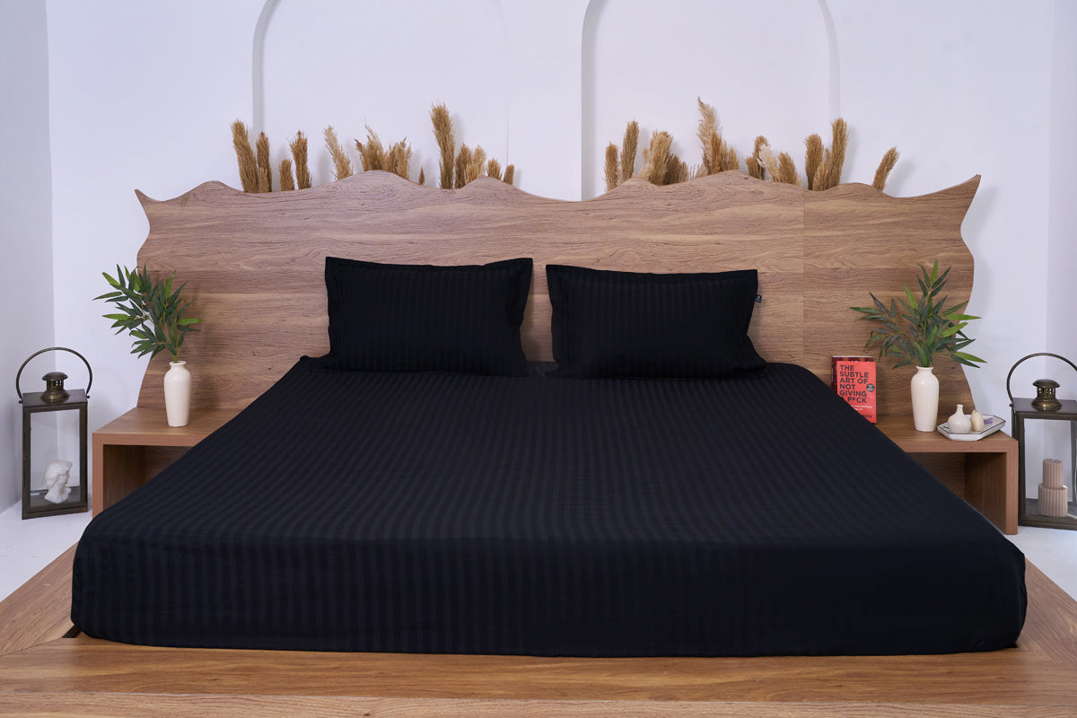 Black Onxy Pure Cotton Striped Fitted Bed Sheet 300 TC