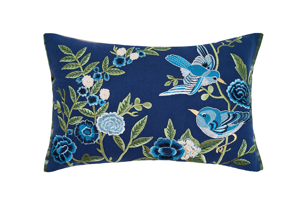 Blue Bird Sanctuary Embroidered Cushion Cover (Set Of 2)