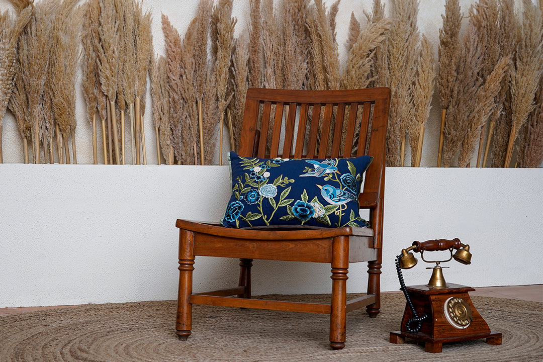 Blue Bird Sanctuary Embroidered Cushion Cover (Set Of 2)