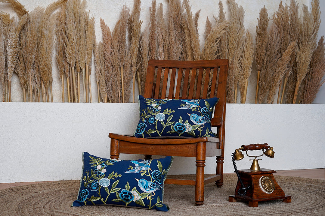 Blue Bird Sanctuary Embroidered Cushion Cover (Set Of 2)