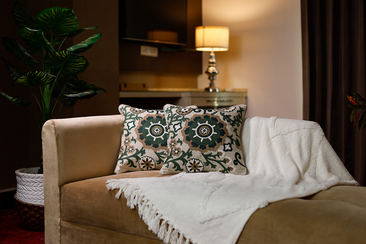 Canvas Cipher Hand Embroidered Cushion Cover ( Set of 2 )