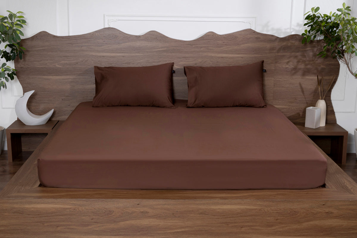 Cocoa Brown Pure Cotton Solid Fitted Bed Sheet 500 TC
