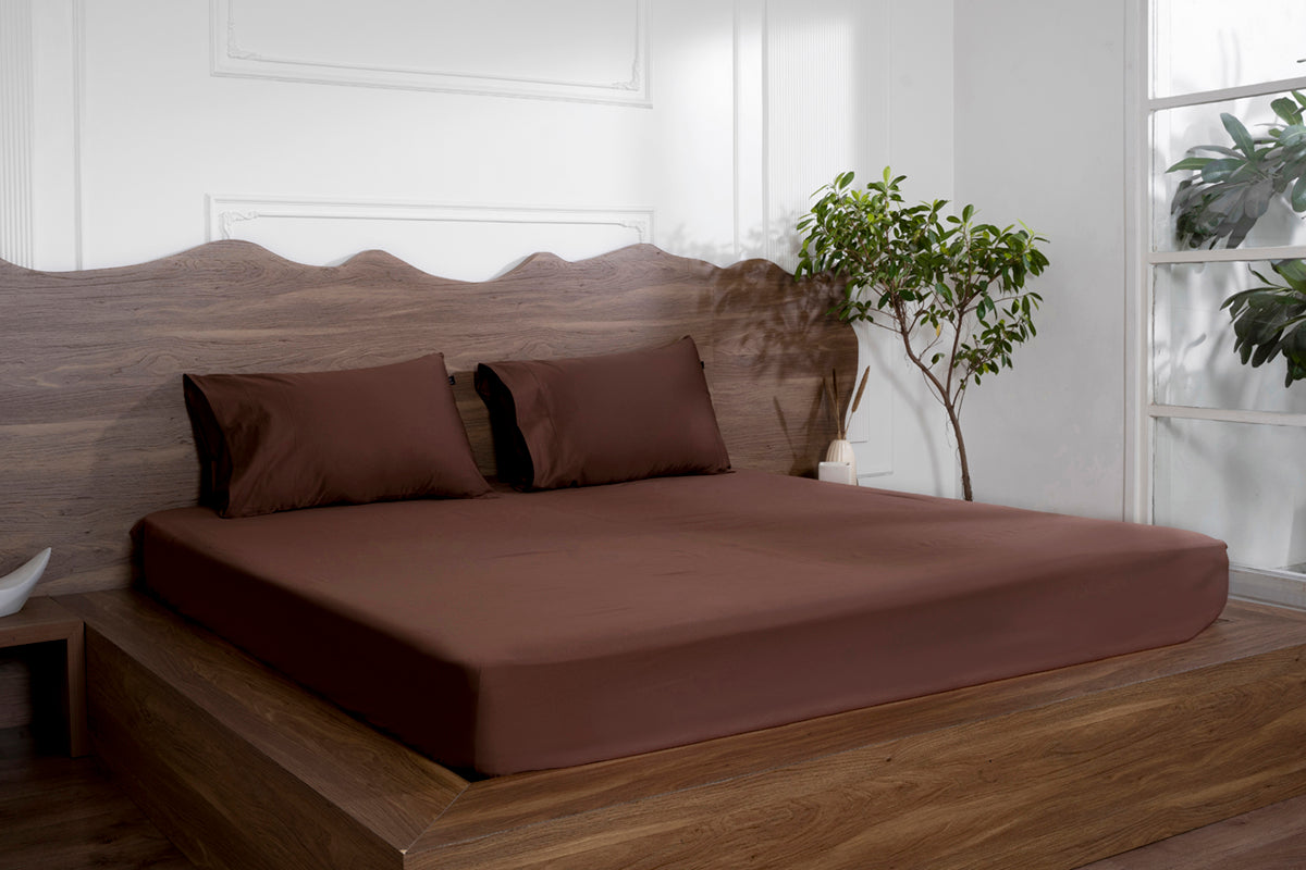 Cocoa Brown Pure Cotton Solid Fitted Bed Sheet 500 TC