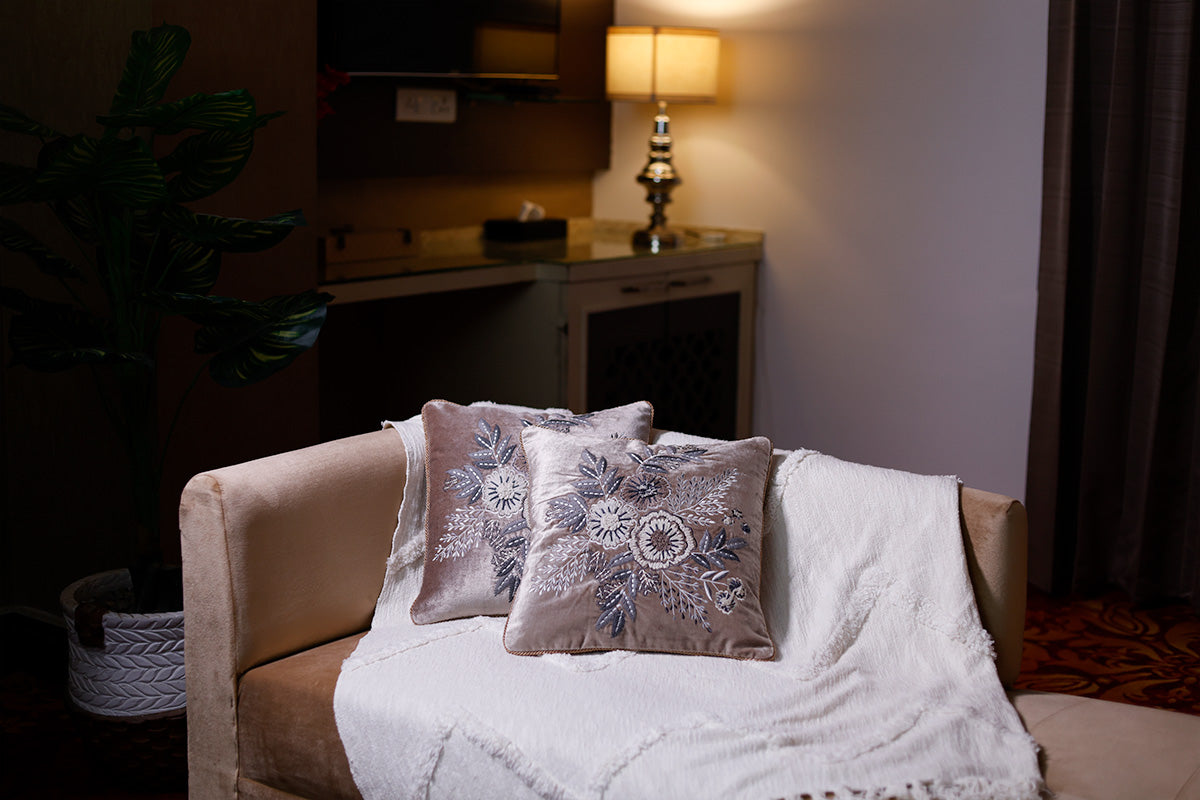 Dusky Dahlia Hand Embroidered Cushion Cover ( Set of 2 )