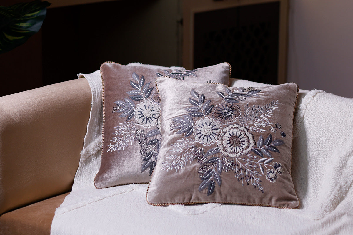 Dusky Dahlia Hand Embroidered Cushion Cover ( Set of 2 )