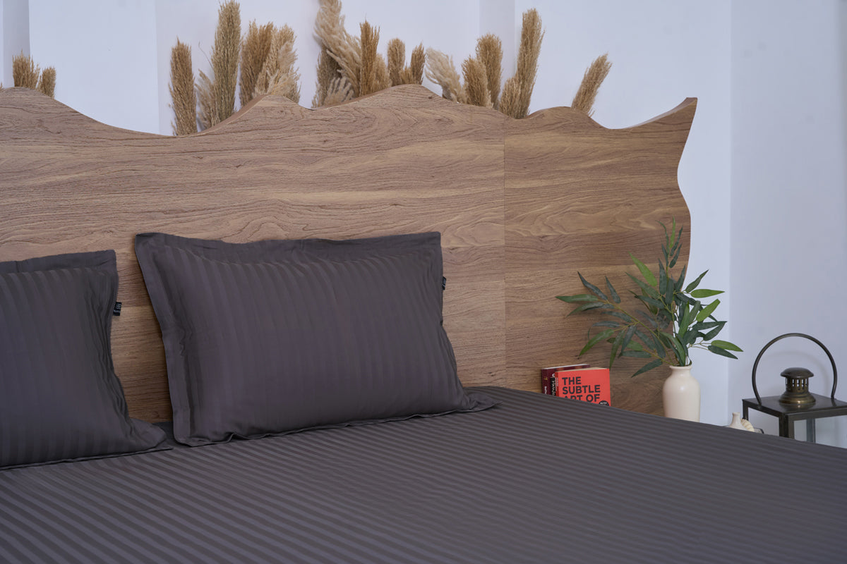 Granite Gray Pure Cotton Striped Fitted Bed Sheet 300 TC