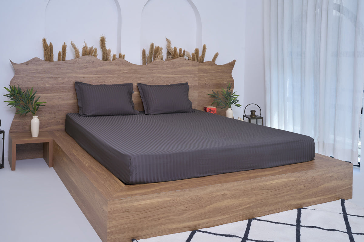 Granite Gray Pure Cotton Striped Fitted Bed Sheet 300 TC