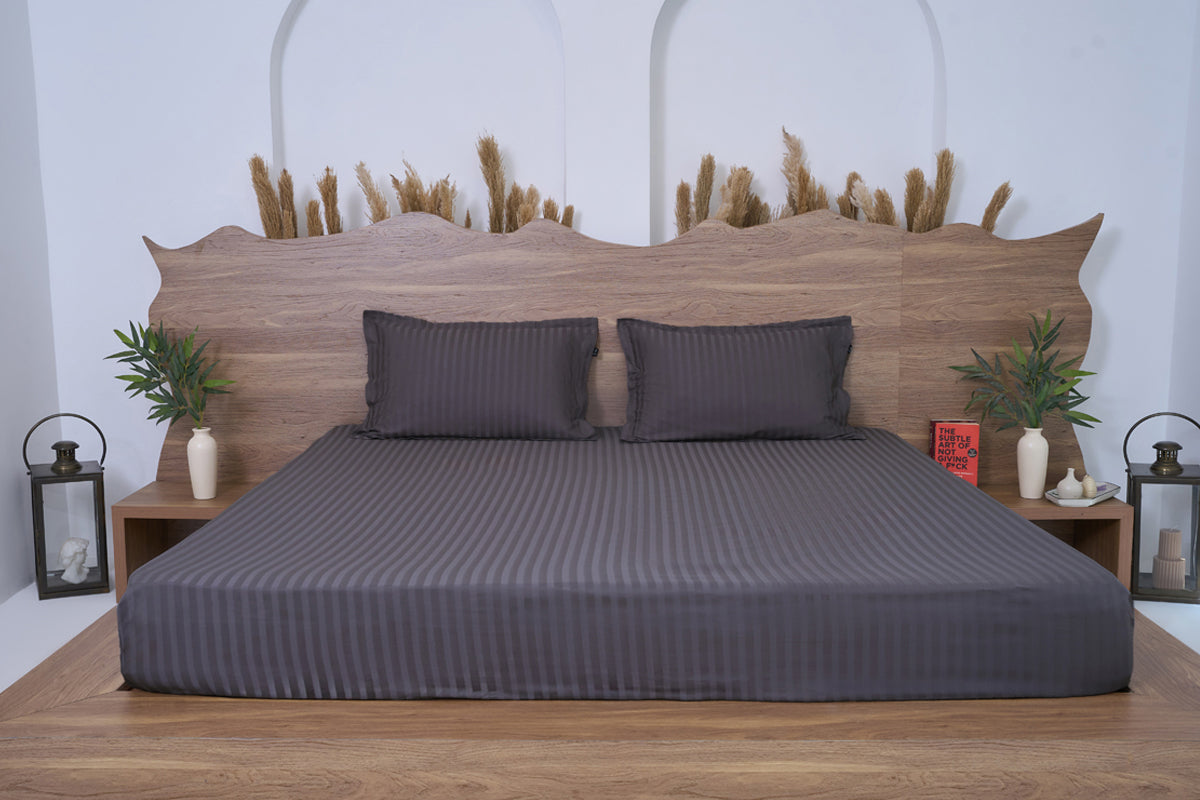 Granite Gray Pure Cotton Striped Fitted Bed Sheet 300 TC