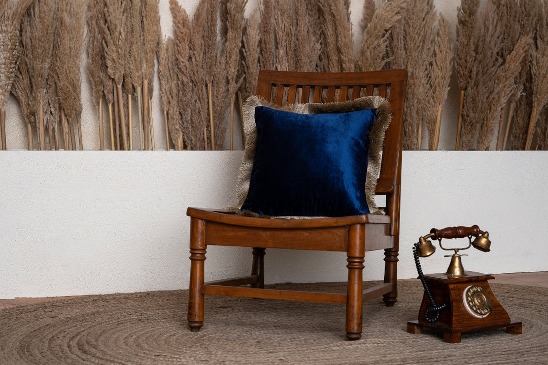 Midnight Sapphire Fringed Velvet Cushion Cover (Set Of 2)