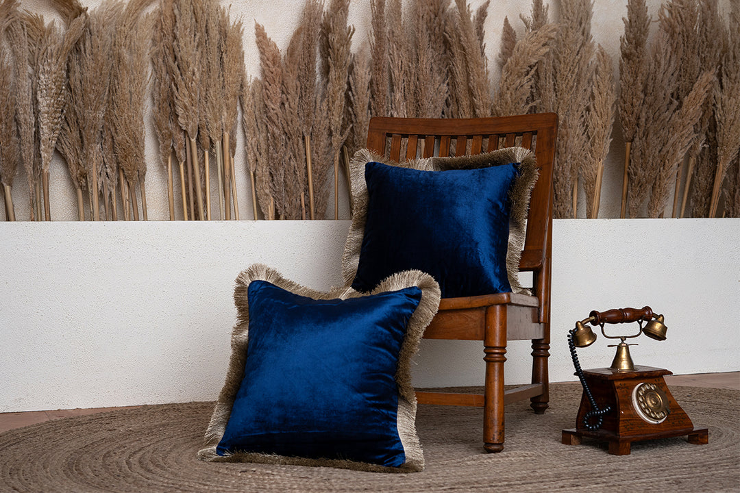 Midnight Sapphire Fringed Velvet Cushion Cover (Set Of 2)