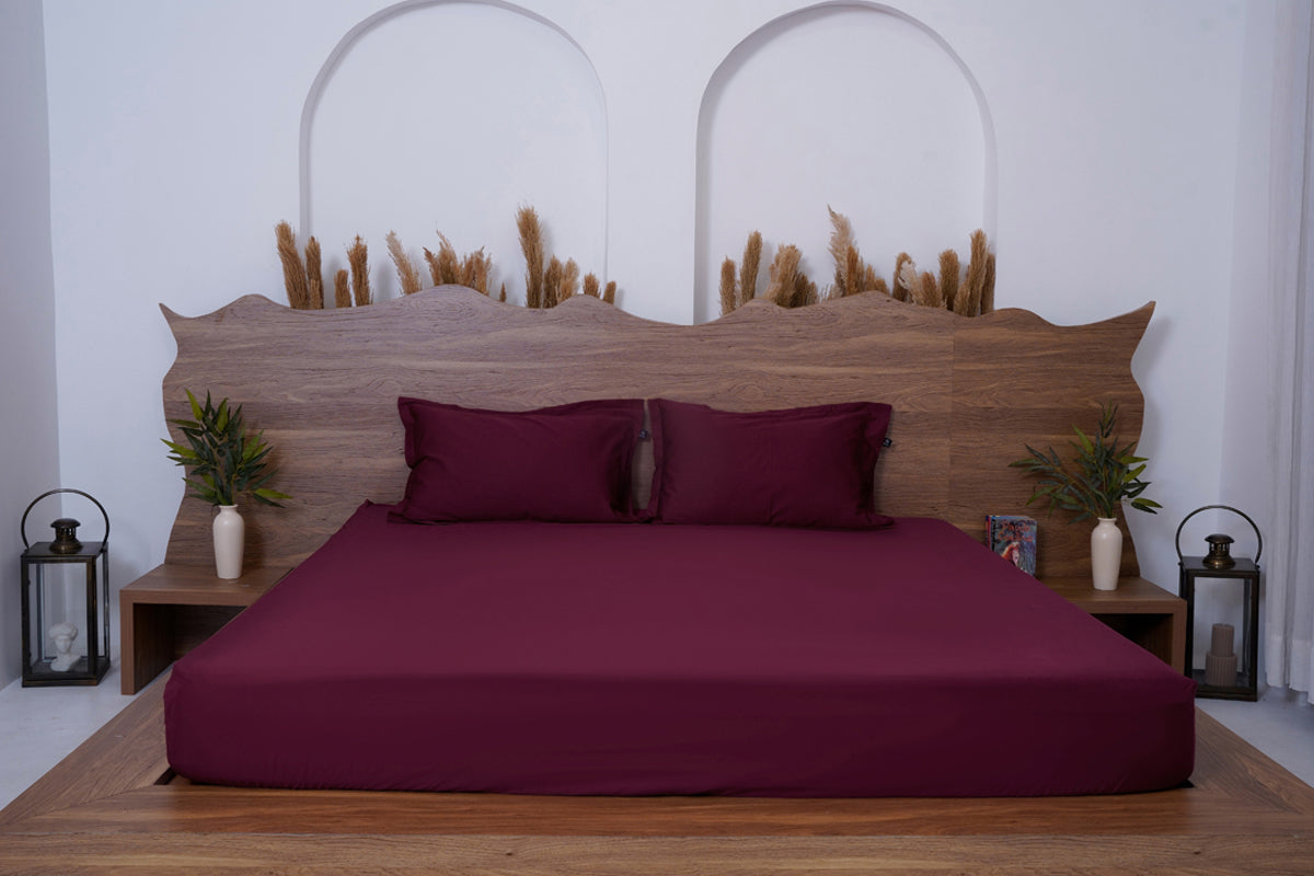 Mulberry Red Pure Cotton Solid Fitted Bed Sheet 300 TC