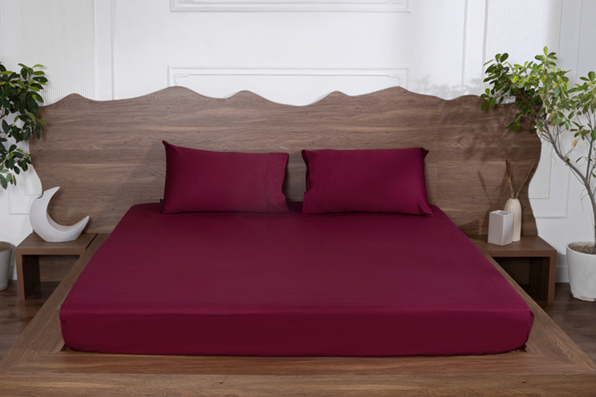 Mulberry Red Pure Cotton Solid Fitted Bed Sheet 500 TC