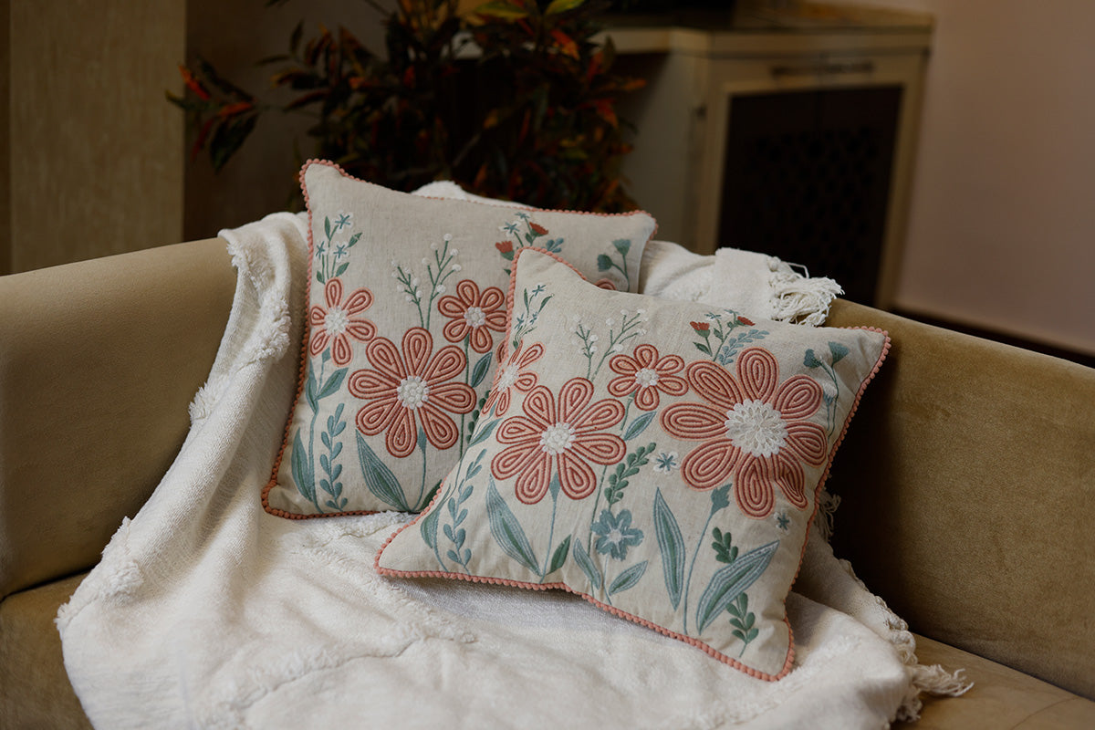 Roseate Reverie Embroidered Cushion Cover ( Set of 2 )