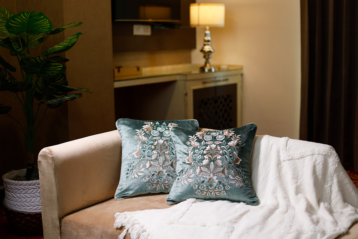 Verdant Verse Embroidered Cushion Cover ( Set of 2 )