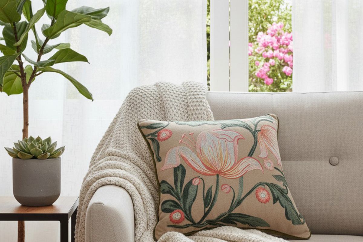 Floraison Edit - Blush Bloom Hand Embroidered Cushion Cover ( Set of 2 )