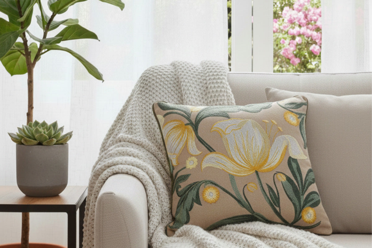 Floraison Edit – Marigold Muse Hand Embroidered Cushion Cover ( Set of 2 )
