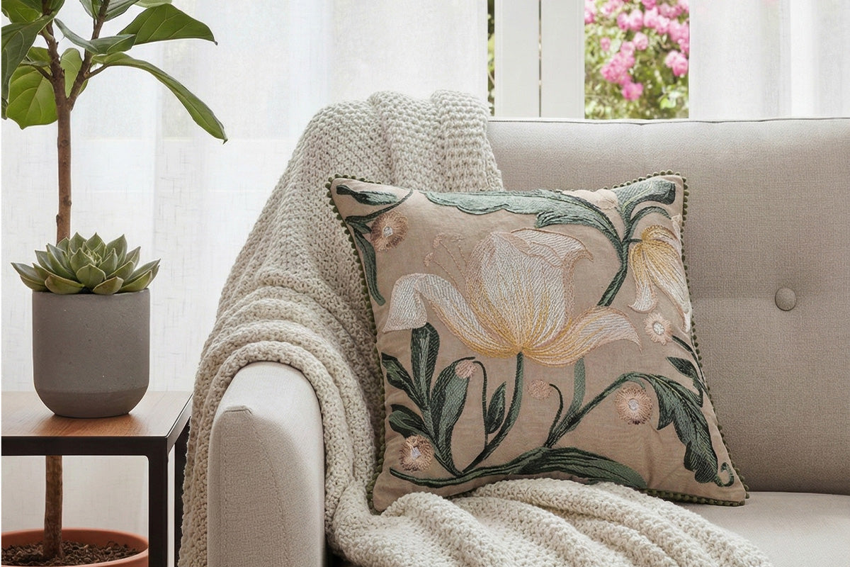 Floraison Edit – Earthen Poise Hand Embroidered Cushion Cover  ( Set of 2 )