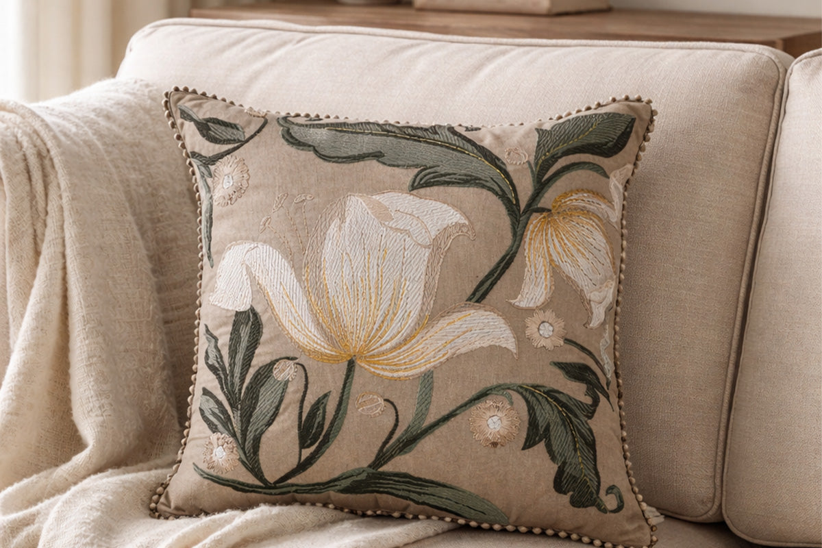 Floraison Edit – Earthen Poise Hand Embroidered Cushion Cover  ( Set of 2 )