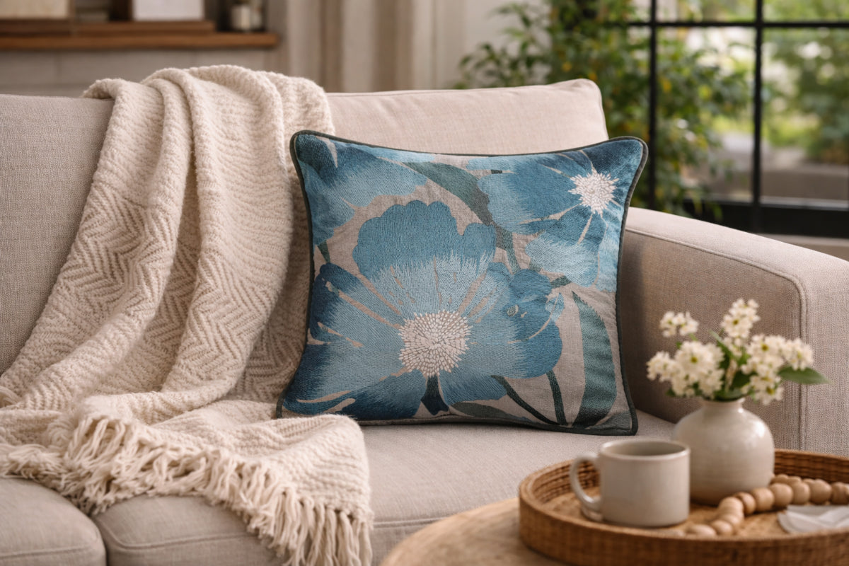 Aurora Bloom – Arctic Breeze Hand Embroidered Cushion Cover ( Set of 2 )