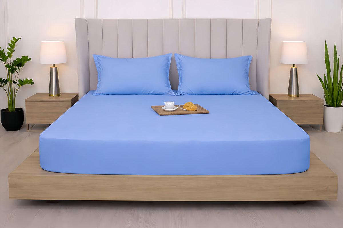 Bel Air Blue Pure Cotton Solid Fitted Bed Sheet 300 TC