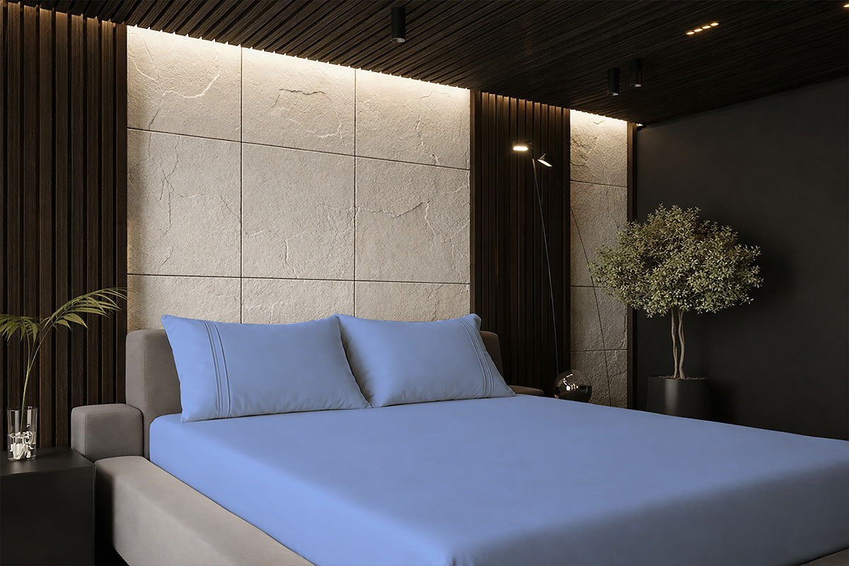 Bel Air Blue Pure Cotton Solid Fitted Bed Sheet 500 TC