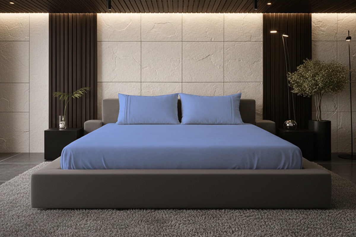 Bel Air Blue Pure Cotton Solid Fitted Bed Sheet 500 TC