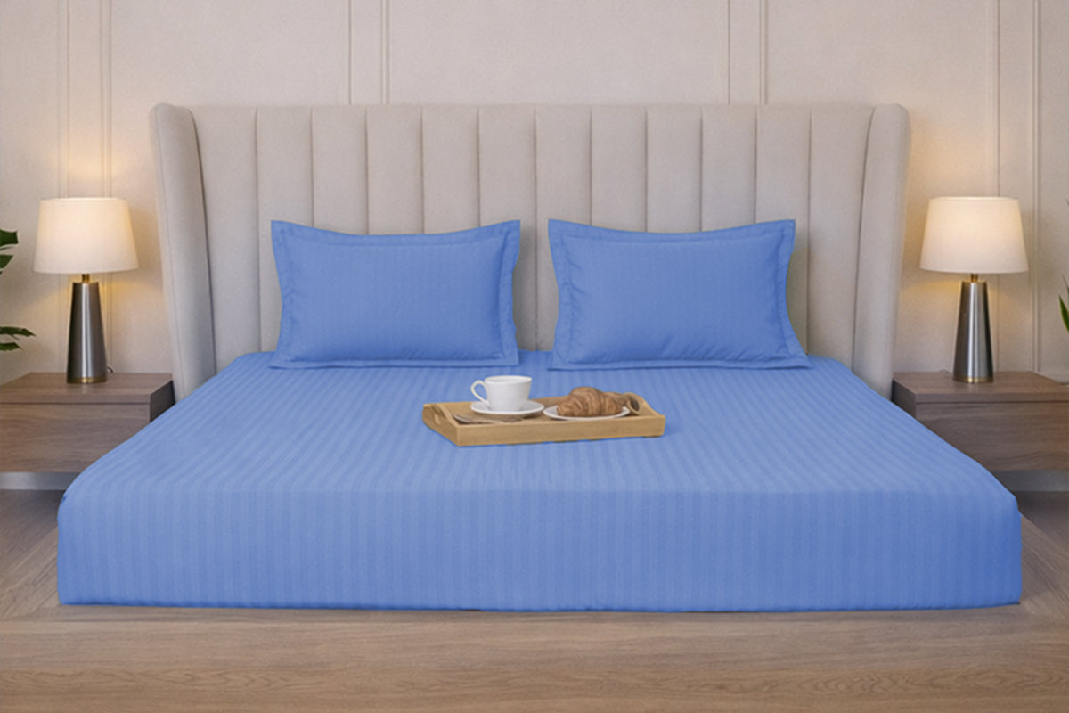 Bel Air Blue Pure Cotton Striped Fitted Bed Sheet 300 TC