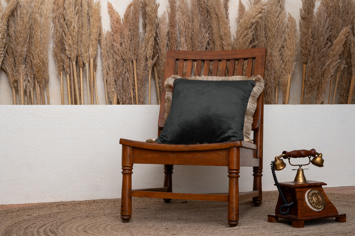 Black Fringed Velvet Cushion Cover (Set Of 2)