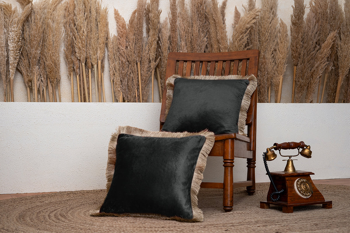 Black Fringed Velvet Cushion Cover (Set Of 2)