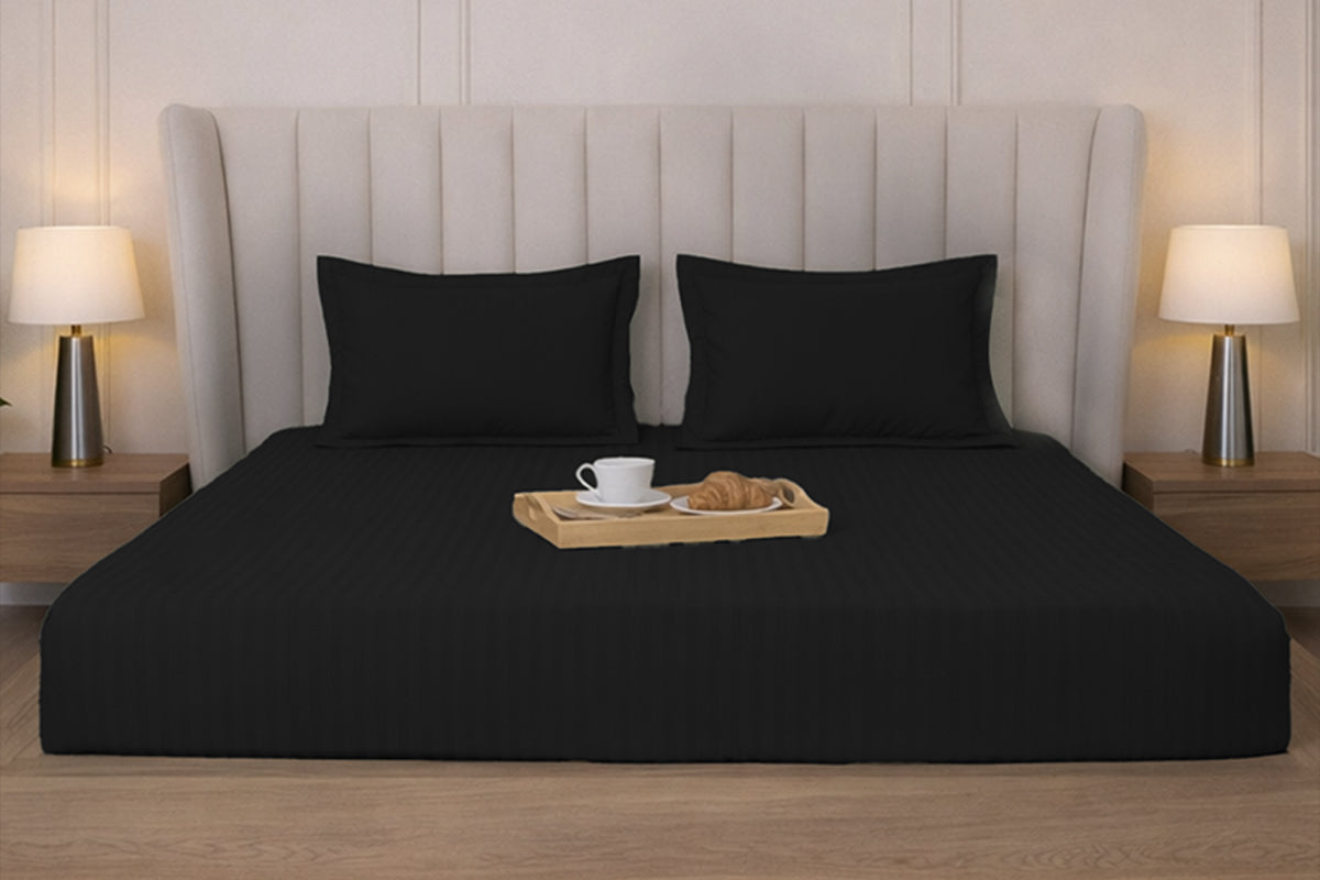 Black Onxy Pure Cotton Striped Fitted Bed Sheet 300 TC