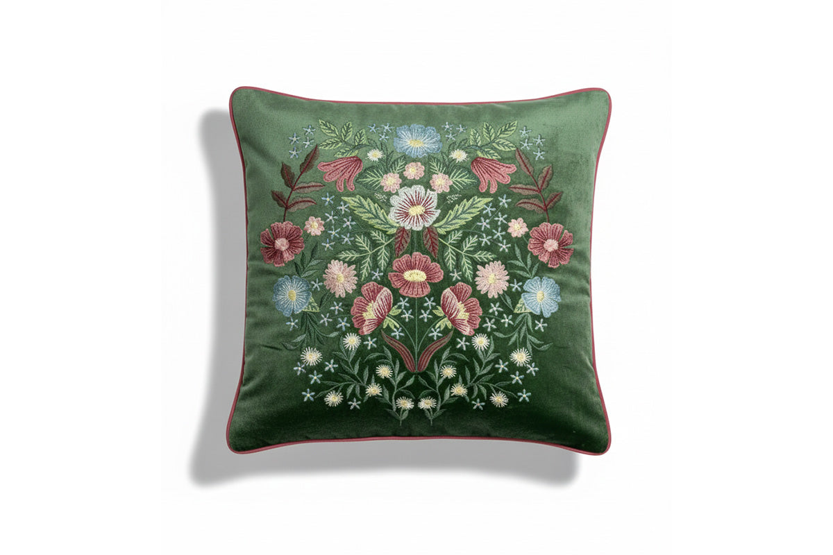 Blooming Bagh Embroidered Cushion Cover – Forest Green (Set of 2)