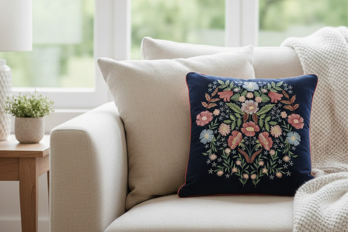 Blooming Bagh Embroidered Cushion Cover – Midnight Navy (Set of 2)