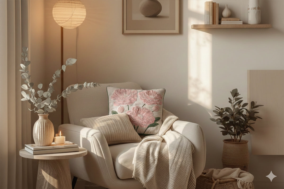 Botanic Charm Hand Embroidered Cushion Cover – Blush Veil (Set of 2)