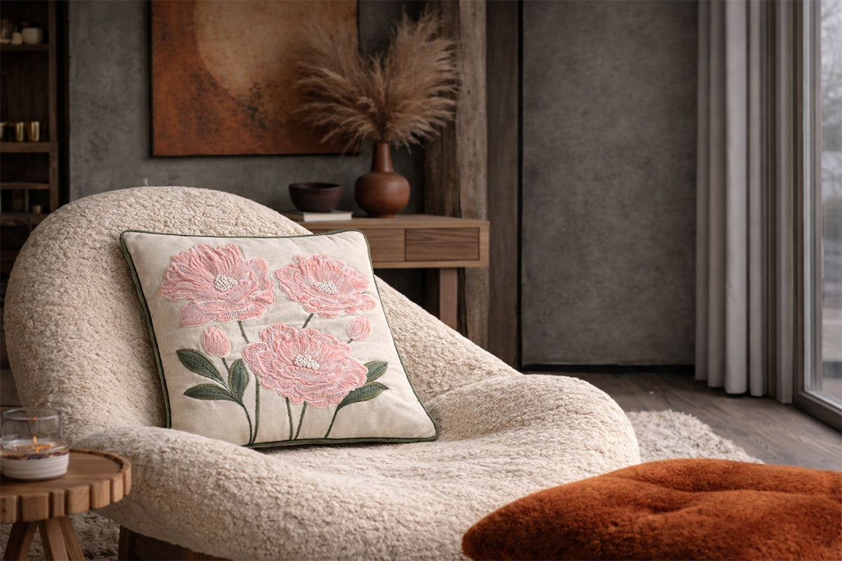 Botanic Charm Hand Embroidered Cushion Cover – Blush Veil (Set of 2)