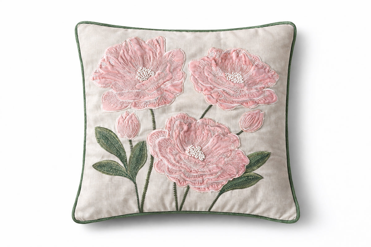 Botanic Charm Hand Embroidered Cushion Cover – Blush Veil (Set of 2)