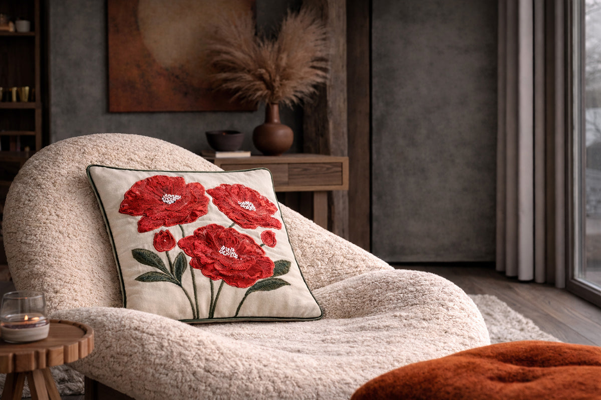 Botanic Charm Hand Embroidered Cushion Cover – Crimson Ember (Set of 2)