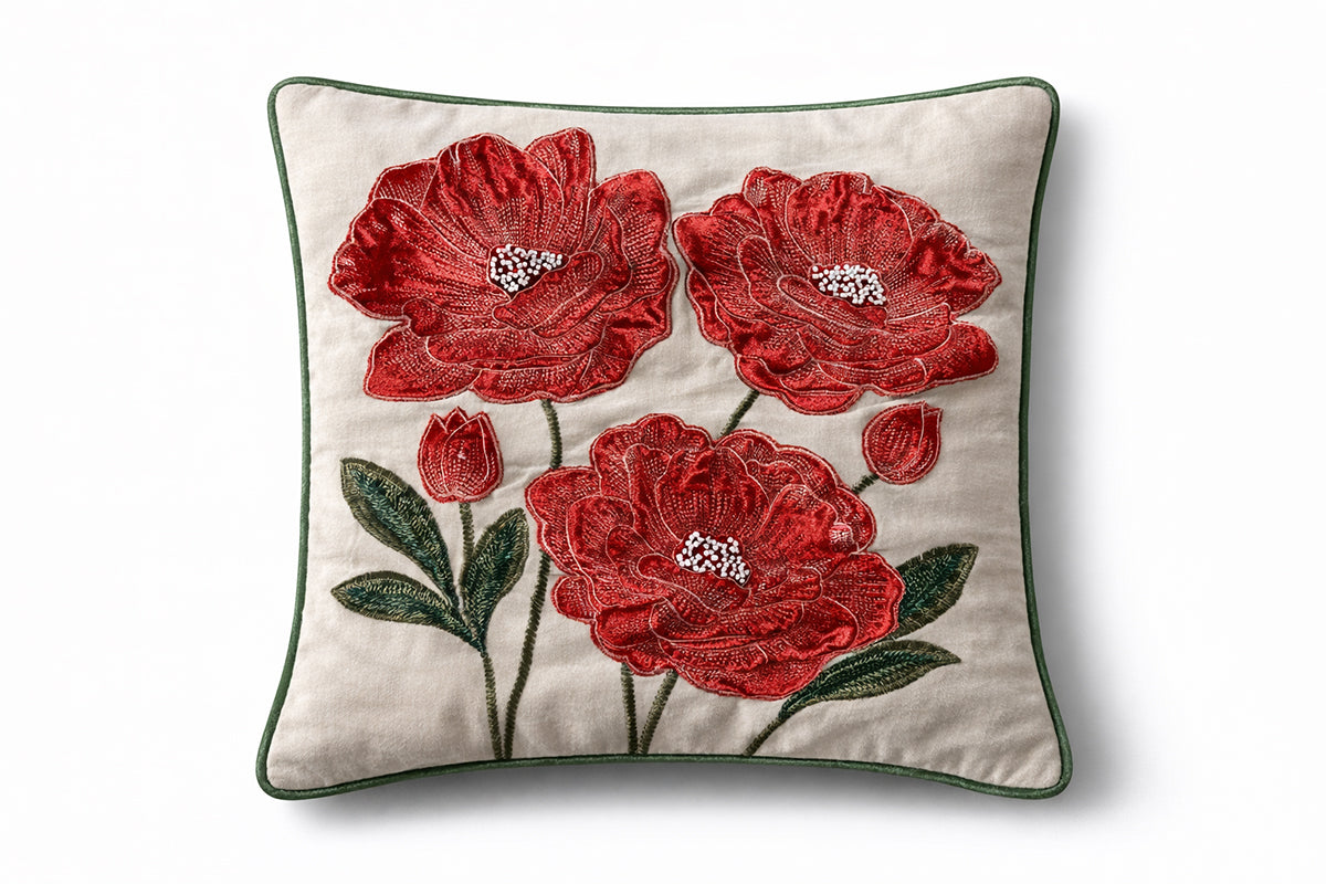 Botanic Charm Hand Embroidered Cushion Cover – Crimson Ember (Set of 2)