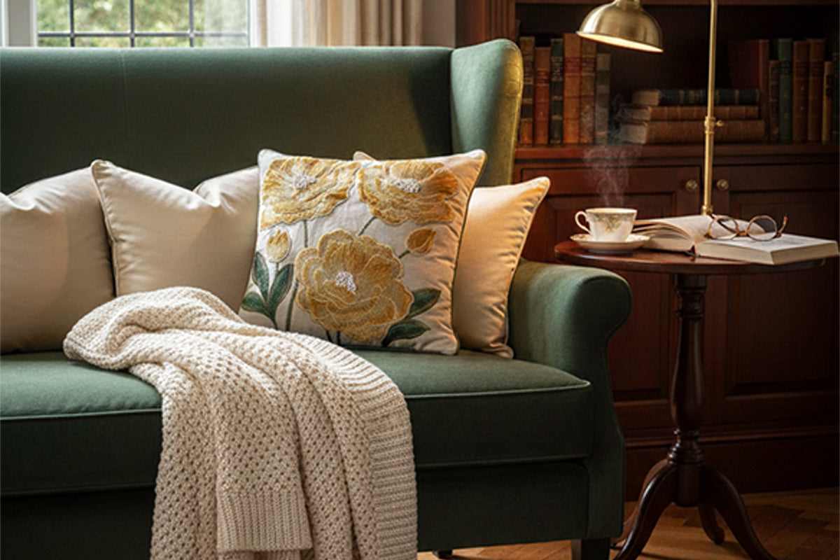 Botanic Charm Hand Embroidered Cushion Cover – Golden Nectar (Set of 2)