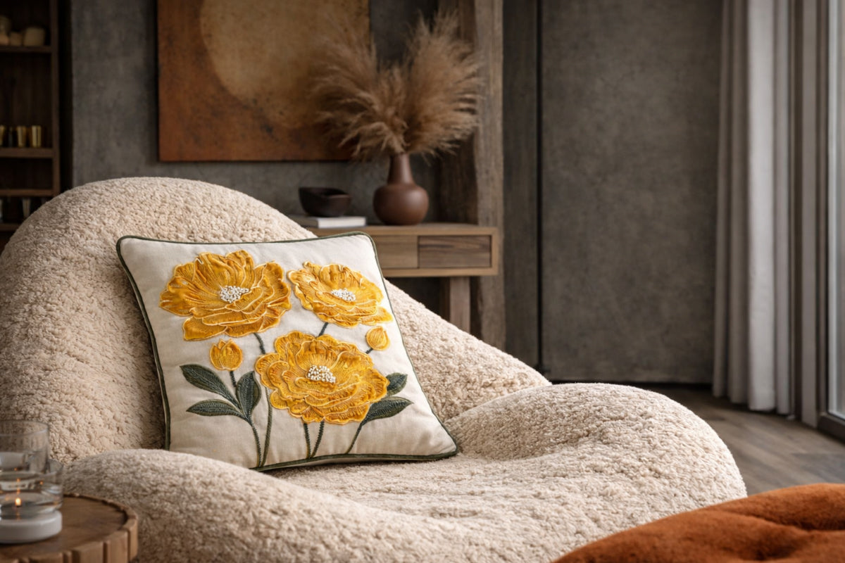 Botanic Charm Hand Embroidered Cushion Cover – Golden Nectar (Set of 2)