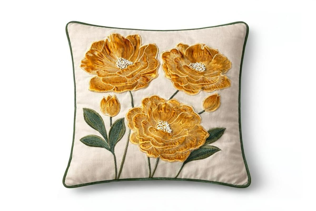 Botanic Charm Hand Embroidered Cushion Cover – Golden Nectar (Set of 2)