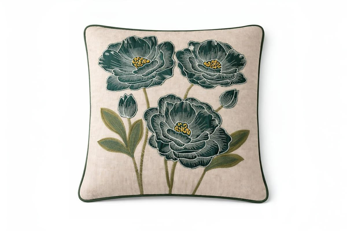 Botanic Charm Hand Embroidered Cushion Cover – Jade Regalia (Set of 2)