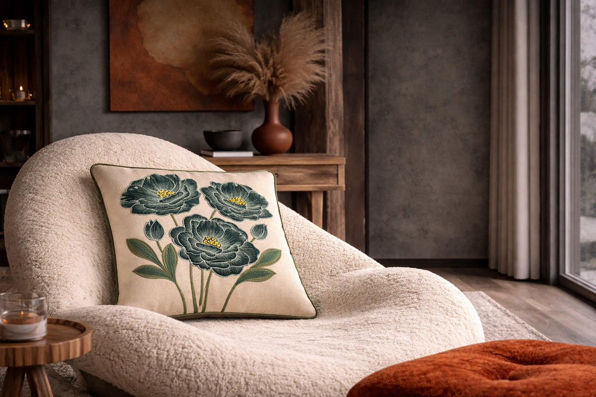 Botanic Charm Hand Embroidered Cushion Cover – Jade Regalia (Set of 2)
