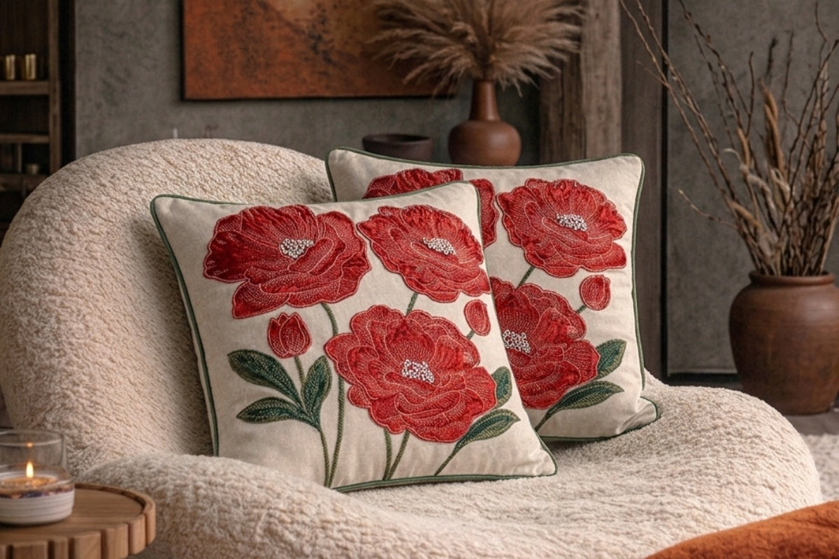 Two square throw cushion covers with red poppy embroidery on a cream background, styled on a textured beige armchair in a cozy room setting.