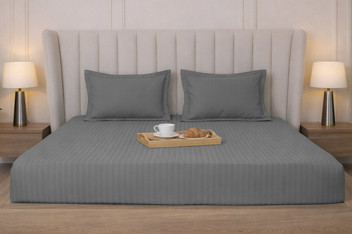 Celestial Cascade Pure Cotton Striped Fitted Bed Sheet 300 TC