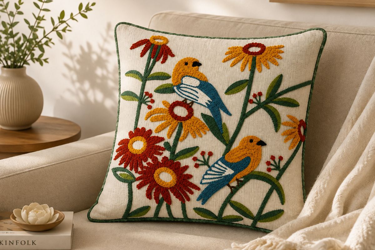 Chirping Blooms Hand Embroidered Cushion Cover ( Set of 2 )